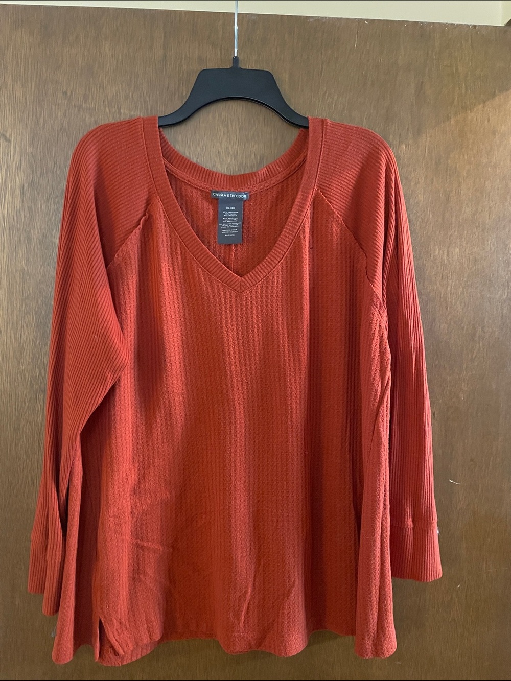 Chelsea & Theodore Burnt Orange V-Neck Waffle Knit Sweater